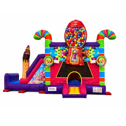 Candy-themed bounce house with slide and gumball machine