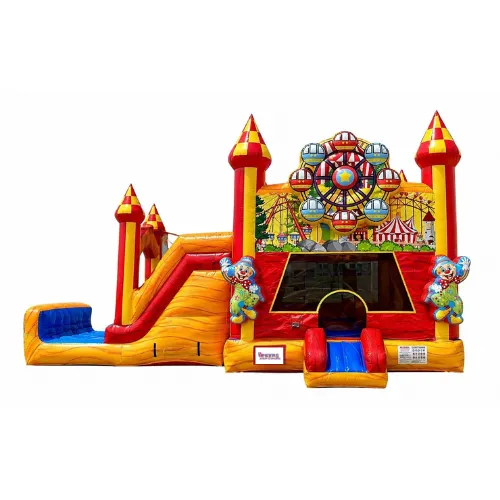 Circus-themed inflatable bounce house with slide and clowns