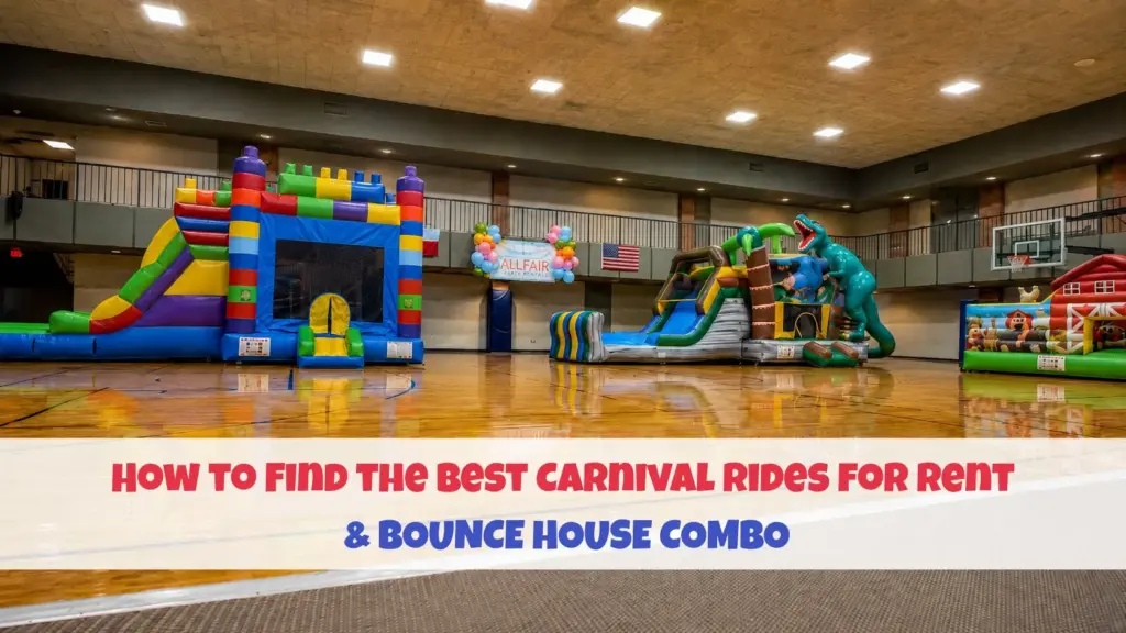 Carnival rides and bounce house combo setup inside an indoor event arena